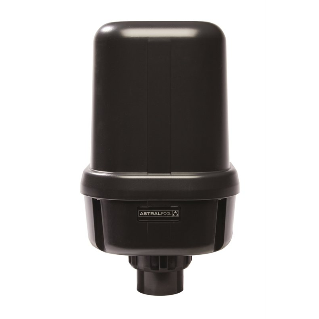 Front view of a black AstralPool SX1200 single speed spa air blower with domain logo and bottom pipe connection port isolated on white.