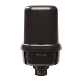 Front view of a black AstralPool SX1200 single speed spa air blower with domain logo and bottom pipe connection port isolated on white.