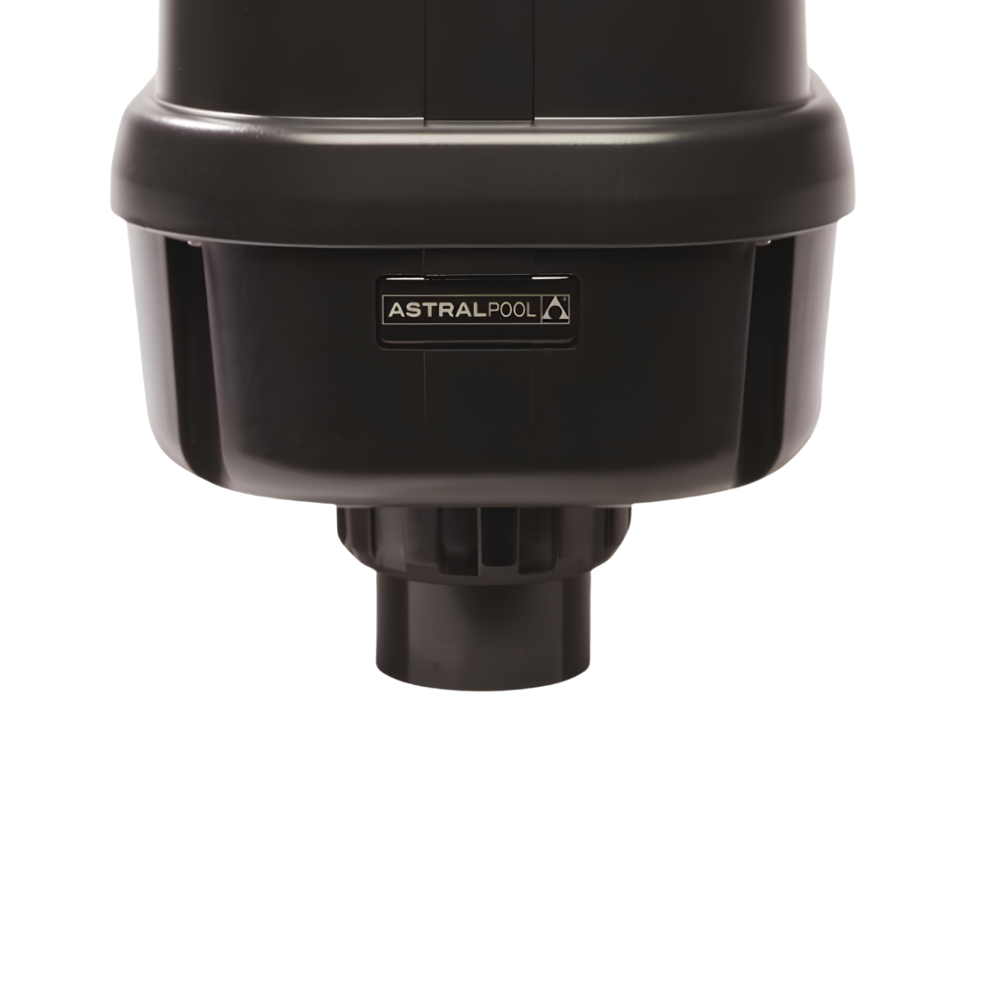 Close-up front view of the AstralPool logo badge and lower connection spigot on the black SX1200 single speed spa air blower housing isolated on white.