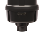 Close-up front view of the AstralPool logo badge and lower connection spigot on the black SX1200 single speed spa air blower housing isolated on white.