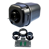 Bottom view of a black AstralPool SX1200 single speed spa air blower isolated on white above set including barrel union, spigots, metal mounting plate, screws, and wall plugs.