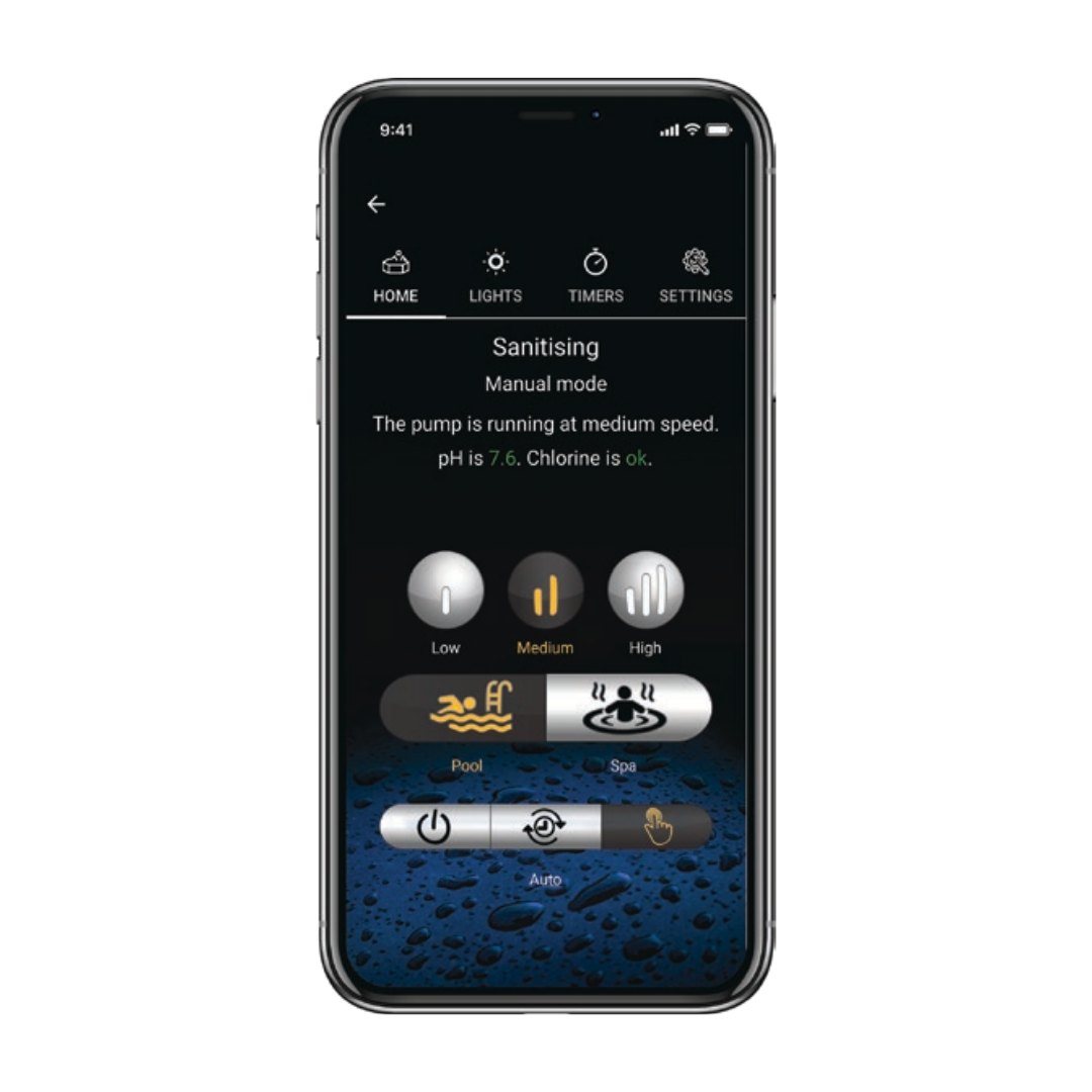 Smartphone screen displaying the AstralPool ChlorinatorGO app user interface dashboard, showing active pool sanitizing status, pH monitoring level at 7.6, chlorine status, and pump speed controls.