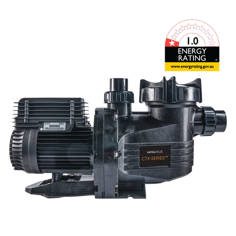 Side profile studio view of an AstralPool CTX-Series 280 1.0 HP pool pump, featuring a black lock ring lid, CTX-Series logo badge, quick-connect union fittings, motor housing, and 1.0-star energy rating badge isolated on white.