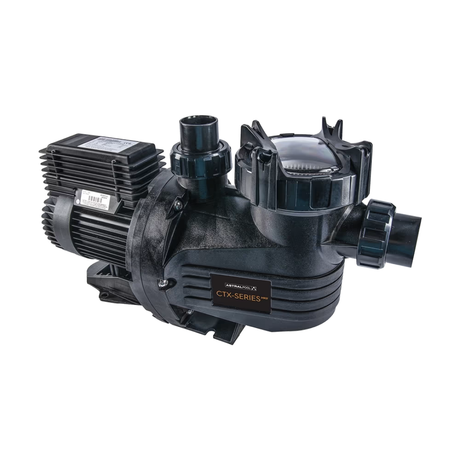 Three-quarter studio view of an AstralPool CTX-Series 280 1.0 HP pool pump, showing the heavy-duty lock ring lid, CTX-Series logo badge, quick-connect union fittings, and black motor assembly isolated on white.