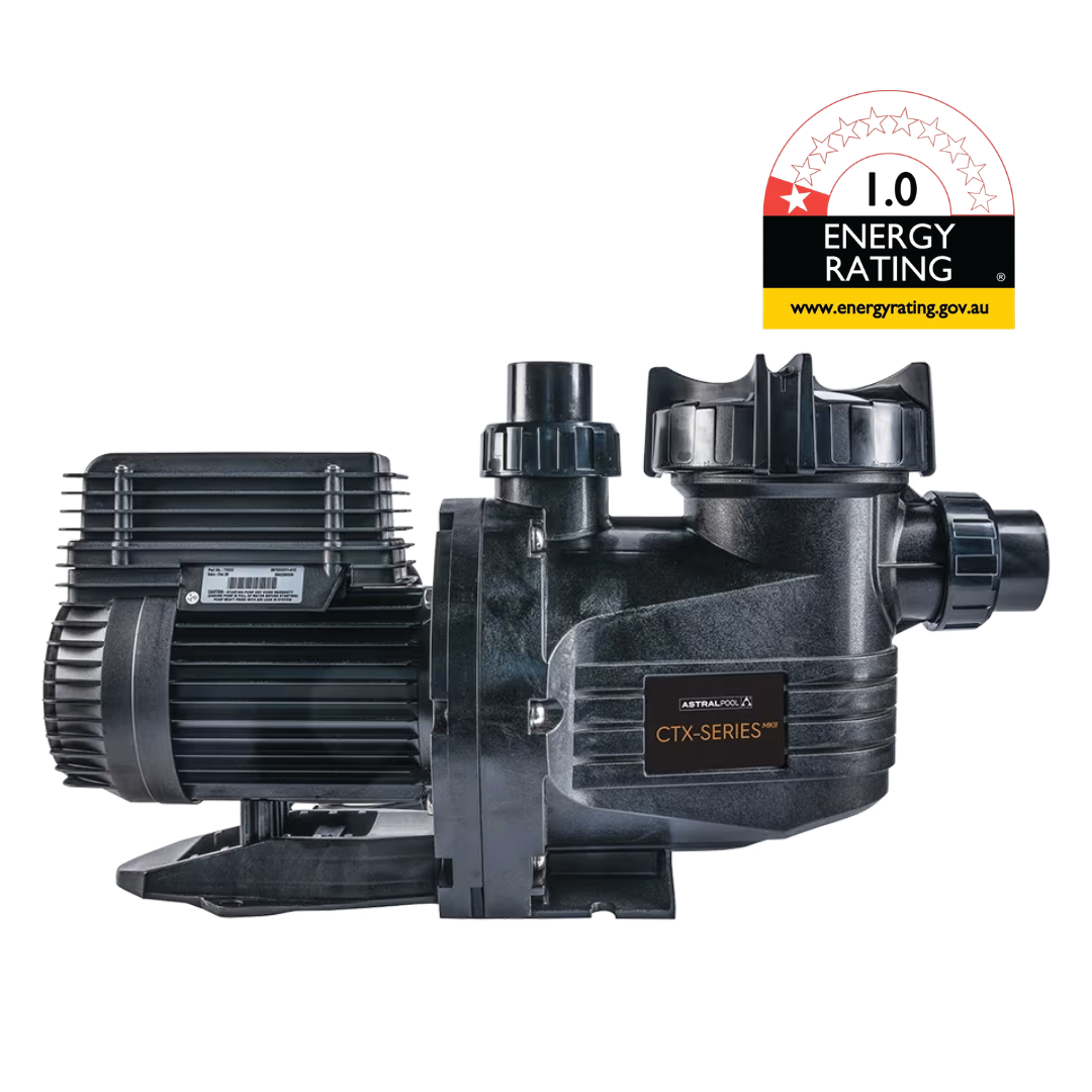 Side profile studio view of an AstralPool CTX-Series 400 1.5 HP pool pump, featuring a black lock ring lid, CTX-Series logo badge, quick-connect union fittings, motor housing, and 1.0-star energy rating badge isolated on white.