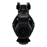 Direct rear studio view of an AstralPool CTX 500 2.0 HP pool pump, showing the circular motor fan shroud, electrical terminal box, mounting flange bolts, top union outlet fitting, and lock ring lid handles isolated on white.