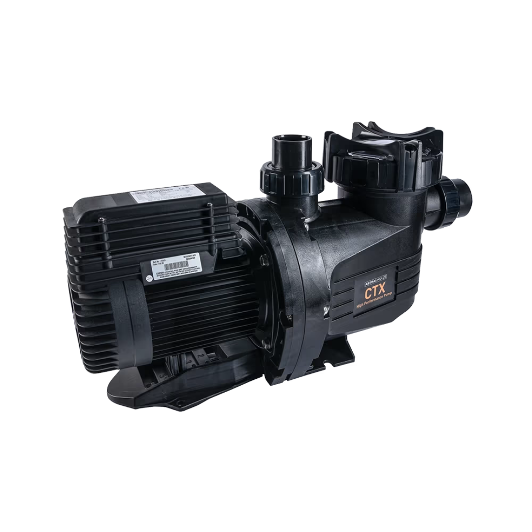 Rear three-quarter studio view of an AstralPool CTX 500 2.0 HP high-performance pool pump, displaying the black ribbed motor housing, top junction box with serial plate, wet end clamp ring, vertical outlet union, and lock ring lid isolated on white.