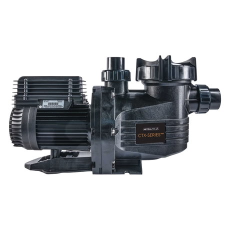 Side profile studio view of an AstralPool CTX-Series 500 2.0 HP pool pump, displaying the heavy-duty lock ring lid collar, CTX-Series badge, top and front quick-connect union fittings, motor base plate, and rear cooling fan cover isolated on white.