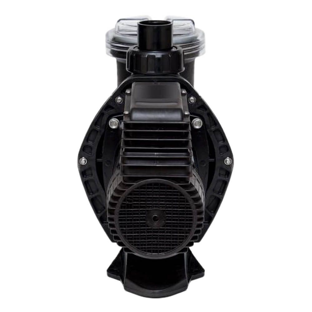 Direct rear studio view of an AstralPool E-Series 140C 0.50 HP pool pump, displaying the circular mesh motor fan shroud, top electrical housing, pump flange mounting bolts, and top quick-connect union outlet isolated on white.