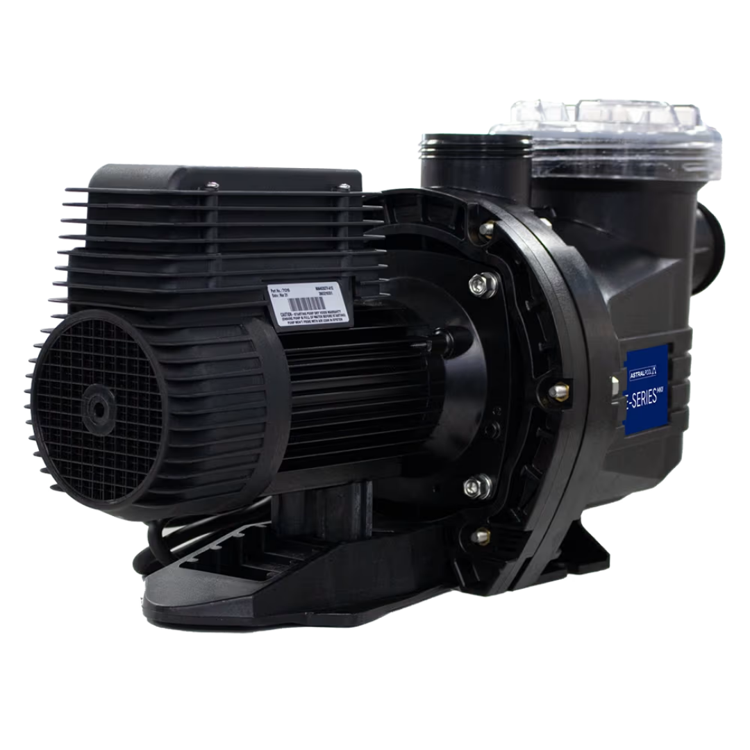 Rear three-quarter studio view of an AstralPool E-Series 140C 0.50 HP pool pump, displaying the black cooling fan cover, top junction box with serial plate, wet end clamp flange, and clear strainer lid isolated on white.