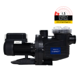 Side profile studio shot of an AstralPool E-Series 140C 0.50 HP pool pump, showing the clear strainer lid, blue E-Series MKII label, black motor casing, threaded ports, and 1.5-star energy rating badge isolated on white.