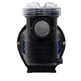 Direct front studio view of an AstralPool E-Series 170C 0.75 HP pool pump, highlighting the front intake port with visible interior filter basket mesh, clear top lid, and side blue E-Series badges isolated on white.