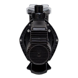 Direct rear studio view of an AstralPool E-Series 170C 0.75 HP pool pump, displaying the circular mesh motor fan shroud, top electrical housing, pump flange mounting bolts, and top quick-connect union outlet isolated on white.