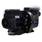 Rear three-quarter studio view of an AstralPool E-Series 170C 0.75 HP pool pump, displaying the black cooling fan cover, top junction box with serial plate, wet end clamp flange, and clear strainer lid isolated on white.
