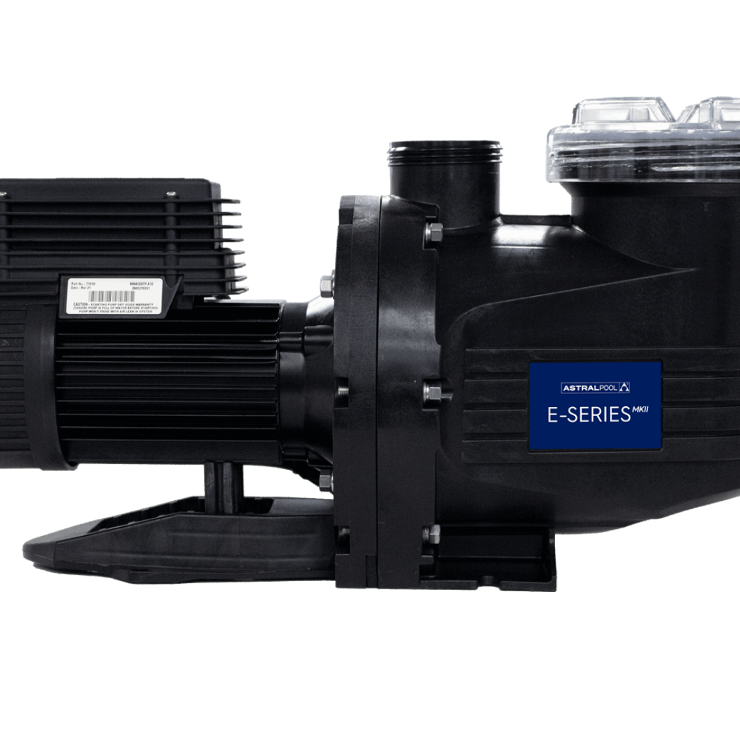 Close-up side profile shot of an AstralPool E-Series 170C 0.75 HP pool pump, detailing the blue E-Series MKII logo badge, pump body flange bolts, motor serial label plate, and clear strainer pot lid isolated on white.