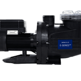 Close-up side profile shot of an AstralPool E-Series 170C 0.75 HP pool pump, detailing the blue E-Series MKII logo badge, pump body flange bolts, motor serial label plate, and clear strainer pot lid isolated on white.