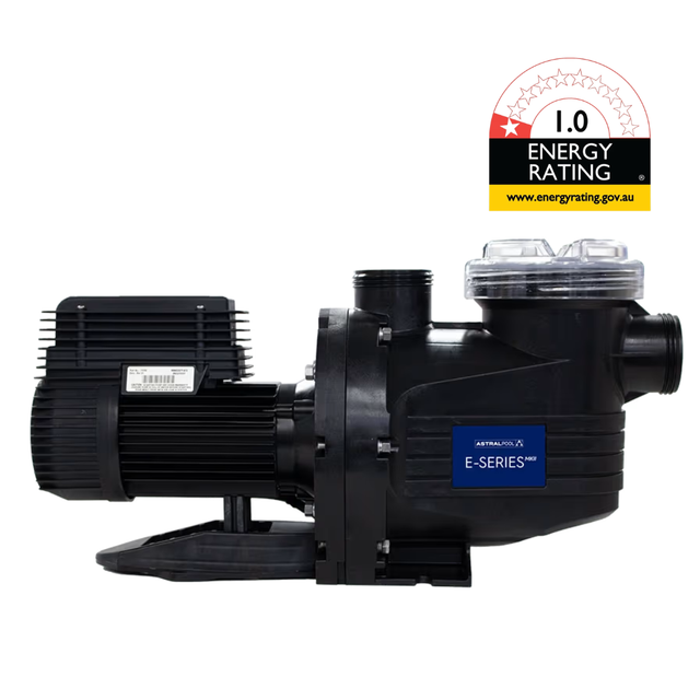 Side profile studio shot of an AstralPool E-Series 170C 0.75 HP pool pump, showing the clear strainer lid, blue E-Series MKII label, black motor housing, threaded ports, and 1.0-star energy rating badge isolated on white.