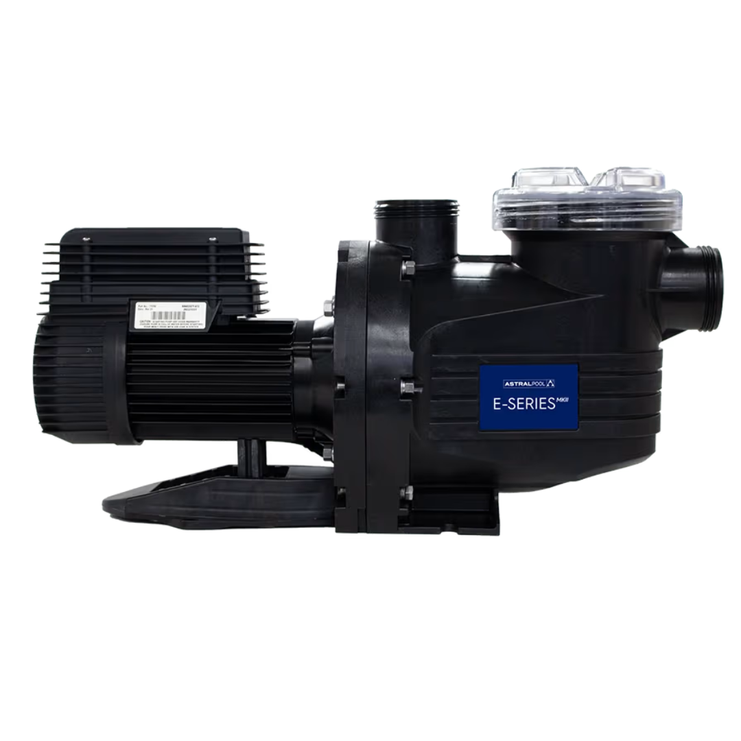 Side profile studio view of an AstralPool E-Series 170C 0.75 HP pool pump, featuring the clear screw-on strainer lid, blue E-Series MKII label, black ribbed motor housing, and male threaded inlet/outlet ports isolated on white.