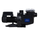 Side profile studio view of an AstralPool E-Series 170C 0.75 HP pool pump, featuring the clear screw-on strainer lid, blue E-Series MKII label, black ribbed motor housing, and male threaded inlet/outlet ports isolated on white.