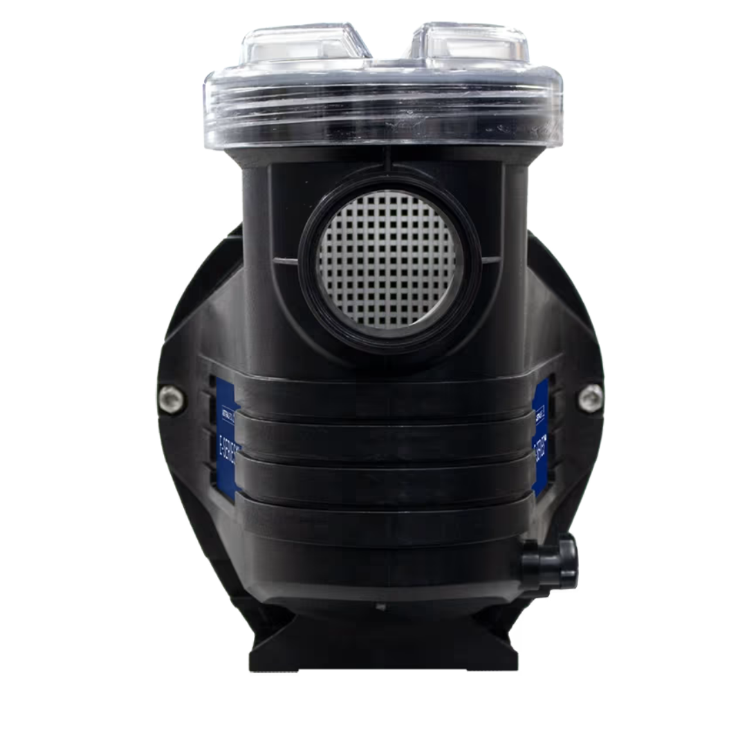 Direct front studio view of an AstralPool E-Series 230C 1.0 HP pool pump, highlighting the front intake port with visible interior filter basket mesh, clear top lid, and side blue E-Series badges isolated on white.
