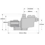 Technical dimensions diagram of an AstralPool E-Series 230C 1.0HP MKII pool pump showing clearance measurements including 654mm maximum length and 336mm height