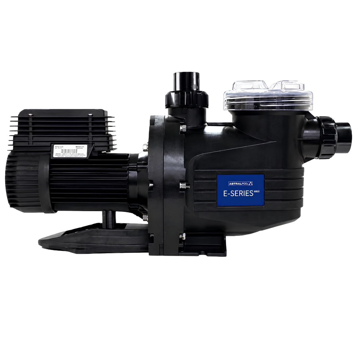 Profile view of an AstralPool E-Series 230C 1.0HP MKII pool pump featuring the blue brand label on the black plastic body and clear lint pot lid.
