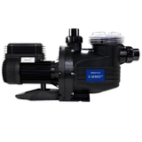Profile view of an AstralPool E-Series 230C 1.0HP MKII pool pump featuring the blue brand label on the black plastic body and clear lint pot lid.