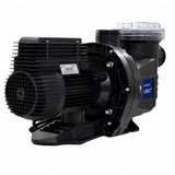 Rear three-quarter angle view of an AstralPool E-Series E230 1.0HP MKII pool pump focusing on the black motor housing vents and technical data sticker