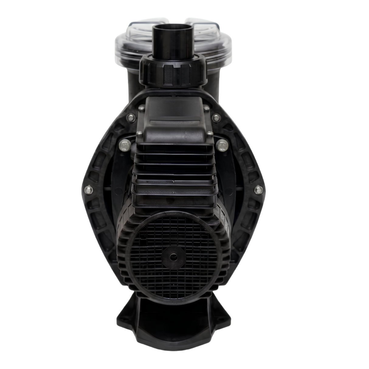 Straight rear view of an AstralPool E-Series 230C 1.0HP MKII pool pump focusing on the circular motor cooling fan grille and vertical pipe outlet union