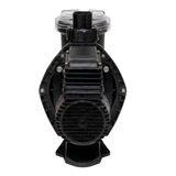 Straight rear view of an AstralPool E-Series 230C 1.0HP MKII pool pump focusing on the circular motor cooling fan grille and vertical pipe outlet union