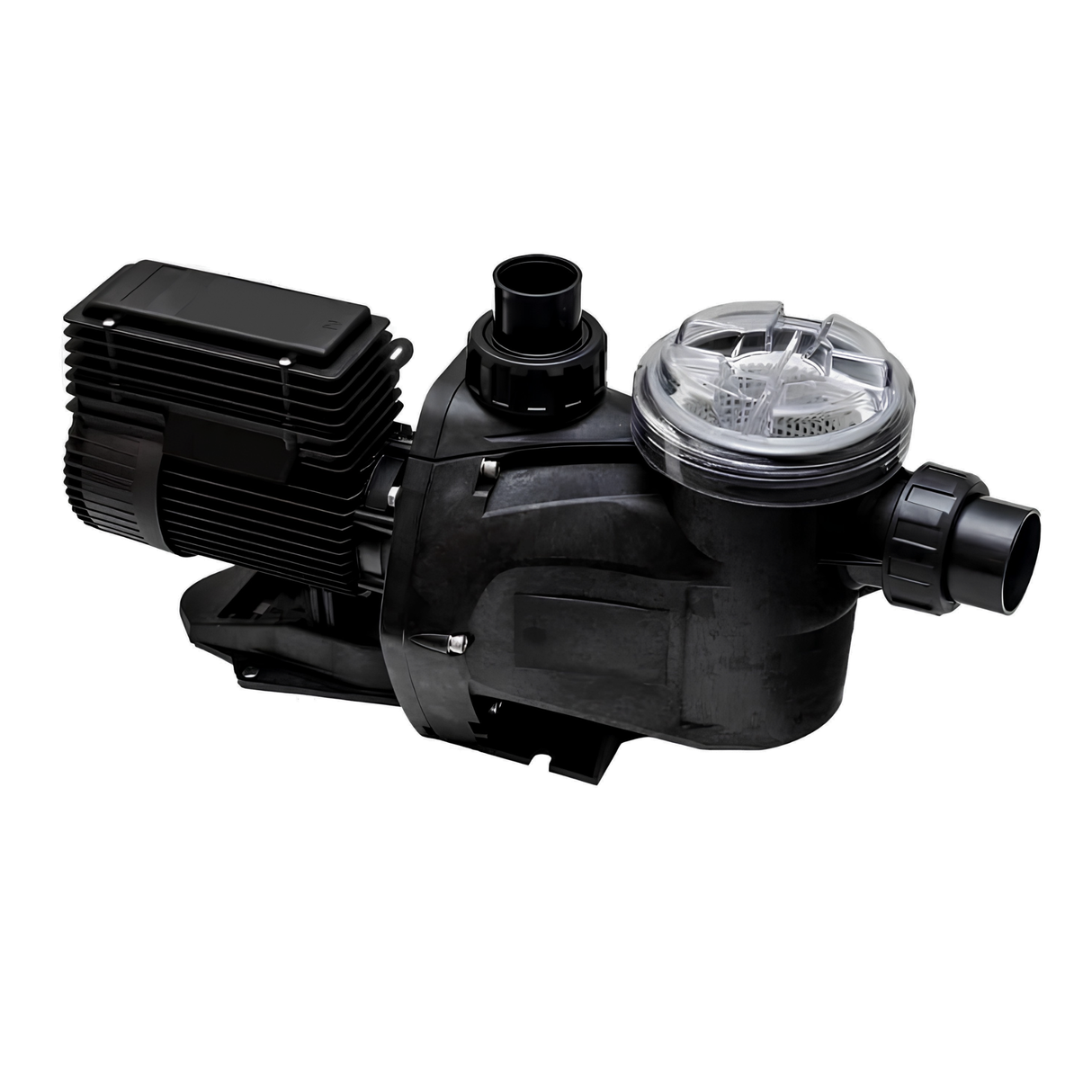 Elevated high-angle view of an AstralPool E230C MKII  1.0HP pool pump displaying the black motor housing and clear strainer basket lid
