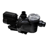 Elevated high-angle view of an AstralPool E230C MKII  1.0HP pool pump displaying the black motor housing and clear strainer basket lid