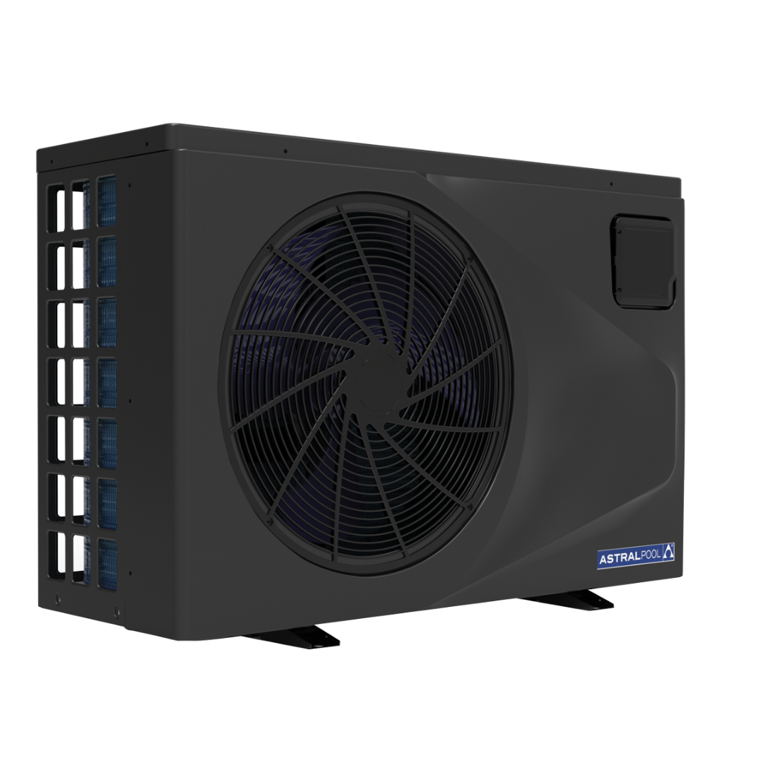Three-quarter studio view of a black AstralPool EcoLite iHP inverter swimming pool heat pump, displaying the side ventilation panels, large front fan grille, and controller access door.