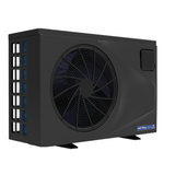 Three-quarter studio view of a black AstralPool EcoLite iHP inverter swimming pool heat pump, displaying the side ventilation panels, large front fan grille, and controller access door.