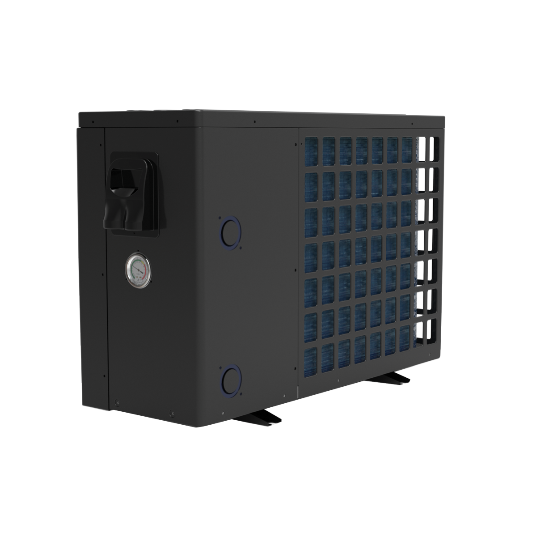 Three-quarter rear angled studio view of a black AstralPool EcoLite iHP inverter pool heat pump, displaying the back blue evaporator coil grille, side pressure gauge, lifting handle, and plumbing entry knockouts.