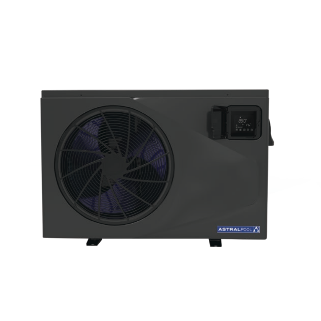 Direct front studio view of a black AstralPool EcoLite iHP inverter swimming pool heat pump, featuring an open access door showcasing the illuminated digital interface controller screen.