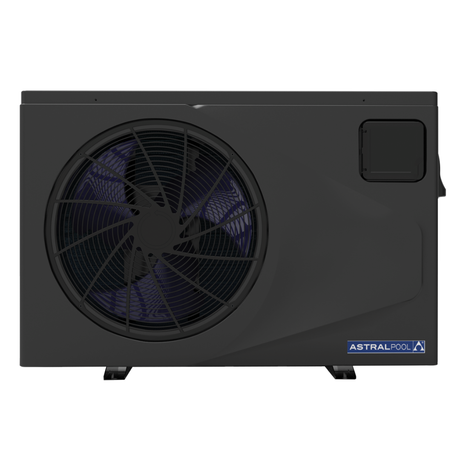 Direct front view of a black AstralPool EcoLite iHP inverter swimming pool heat pump, featuring the large circular exhaust fan grille, side controller access hatch, and brand logo.