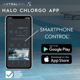 An AstralPool Halo ChlorGo promotional graphic showcasing smartphone control via the Halo Connect app interface on a mobile phone, featuring download badges for Google Play and the App Store with a swimming pool background.