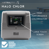 An AstralPool Halo Chlor high-performance salt chlorinator promotional graphic with a pool backdrop, pointing out the system's large touch screen control interface and displaying the Good Design Award winner badge.