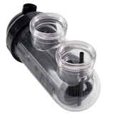 Underside angled view of a clear replacement electrolytic salt cell for an AstralPool Halo Chlor chlorinator, showing the two clear threaded plumbing ports, internal titanium plates, and a black gas sensor probe sleeve.