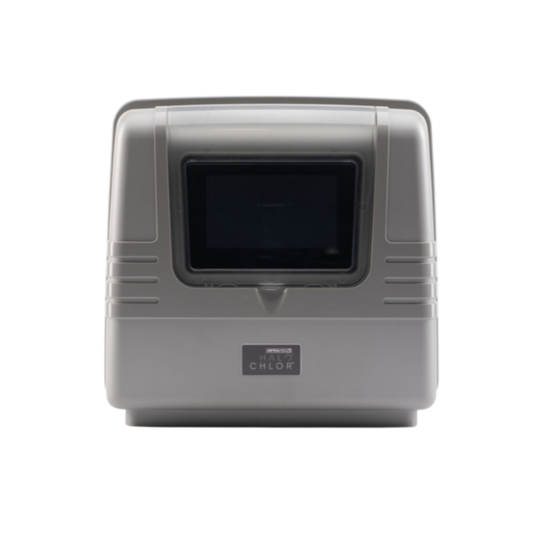 Front view of an AstralPool Halo Chlor saltwater chlorinator power pack controller unit, featuring its grey weatherproof casing, central touchscreen display window, and dark brand logo badge.