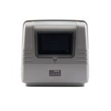 Front view of an AstralPool Halo Chlor saltwater chlorinator power pack controller unit, featuring its grey weatherproof casing, central touchscreen display window, and dark brand logo badge.