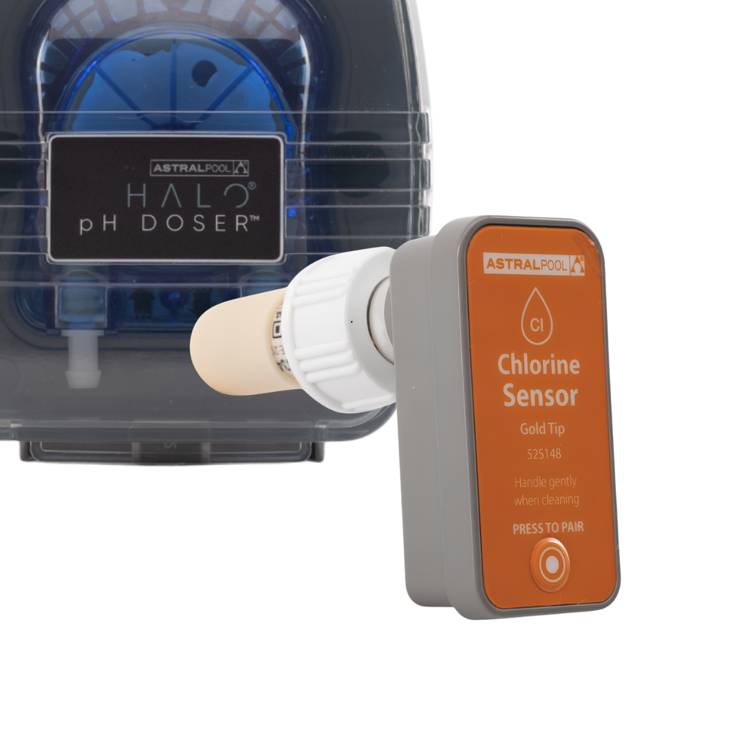 AstralPool Halo Chlorine Sensor Gold Tip probe shown with AstralPool Halo pH Doser unit