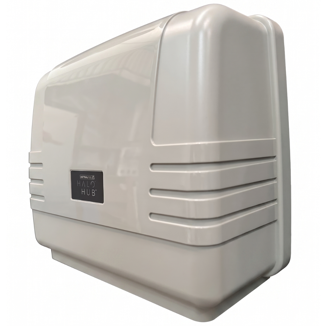 Three-quarter angled profile view of the wall-mountable AstralPool Halo Hub main pool automation controller enclosure on a white background.