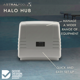 AstralPool Halo Hub pool automation system features infographic with a Good Design Award winner badge, roadside pool setting, and text highlighting equipment management and quick setup.