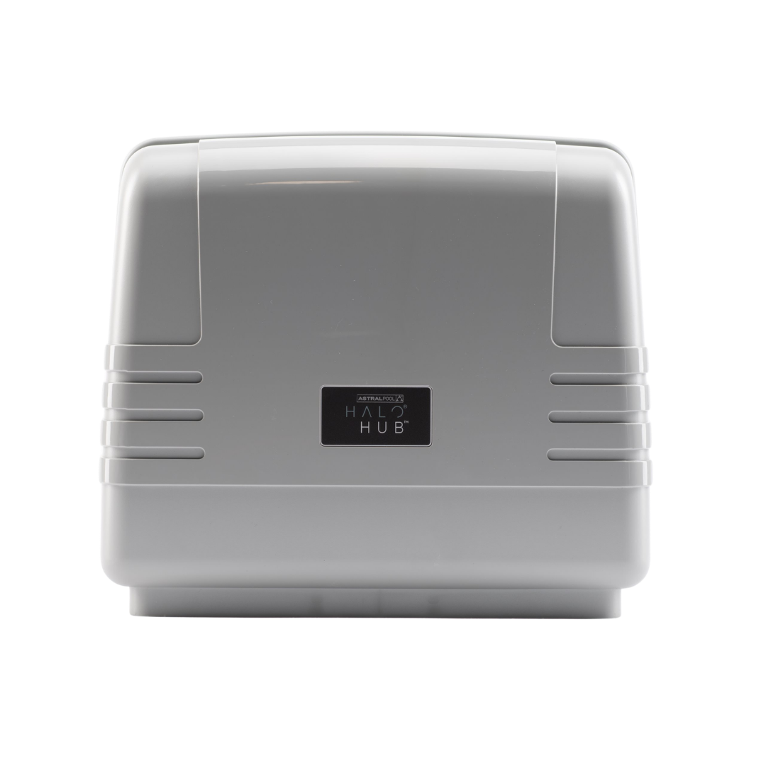 Front view of the AstralPool Halo Hub main pool automation controller system on a white background.