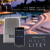 Promotional banner for the AstralPool Halo Lite 2 controller, showing a smartphone app interface alongside the controller unit, overlooking a luxury backyard swimming pool illuminated with under-water lights at dusk.