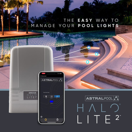 Promotional banner for the AstralPool Halo Lite 2 controller, showing a smartphone app interface alongside the controller unit, overlooking a luxury backyard swimming pool illuminated with under-water lights at dusk.