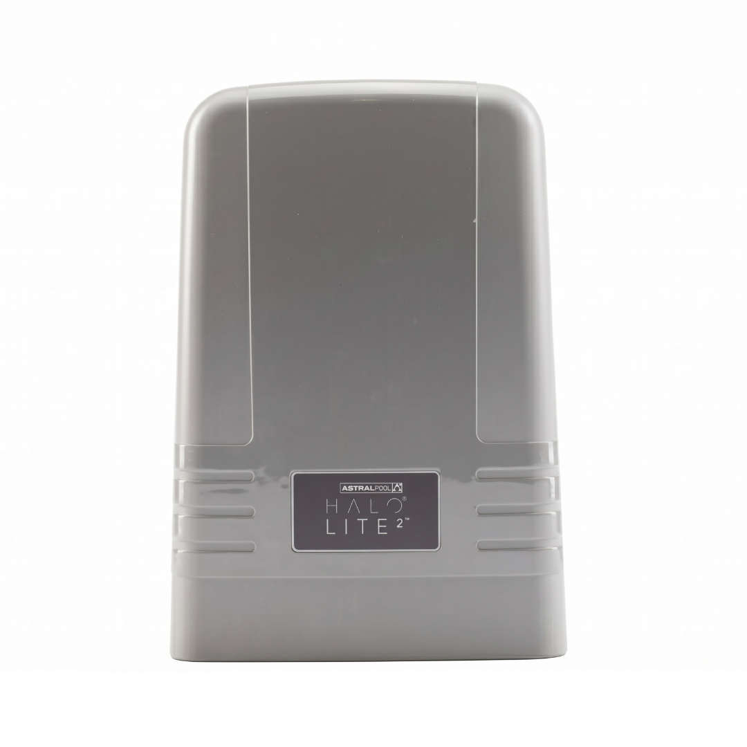 Front view of a grey AstralPool Halo Lite 2 pool light controller unit featuring the official dark grey product label branding.