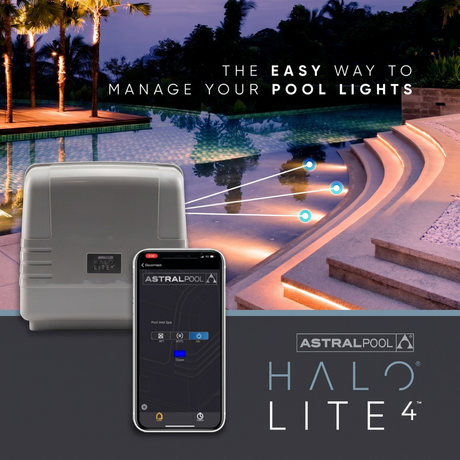 Promotional banner for the AstralPool Halo Lite 4 controller, featuring the smartphone app interface and the grey multi-light automation unit overlooking an illuminated luxury backyard swimming pool at dusk.